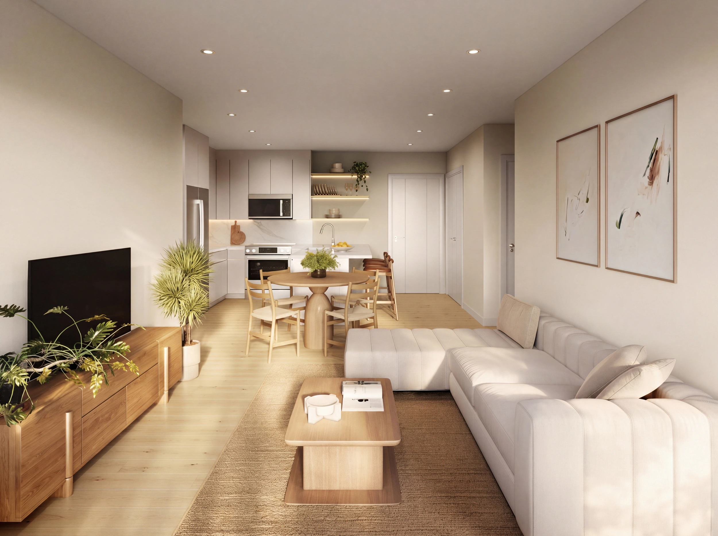 Living room with curved sectional, media wall, and floor-to-ceiling windows